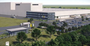 Once completed, the new Liebherr logistics center (seen here as a rendering) is expected to create 180 new jobs in the area around Tupelo, Mississppi. Photo: Liebherr