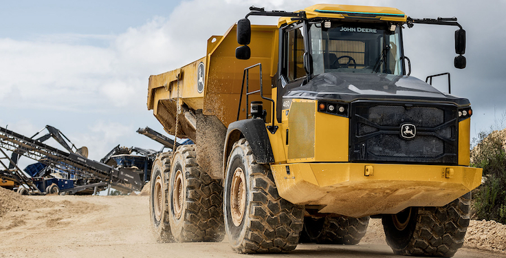 John Deere's new 460 P-Tier autonomous articulated dump truck is designed to handle repetitive tasks around the quarry, such as transporting material. Photo: John Deere