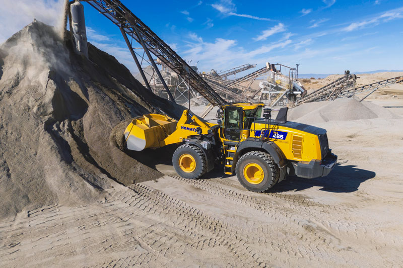 The WA485-11, seen here, is one of two new wheel loaders Komatsu debuted. The other is the WA475-11. The loaders are designed with productivity, operator comfort and easy maintenance in mind. Photo: Komatsu