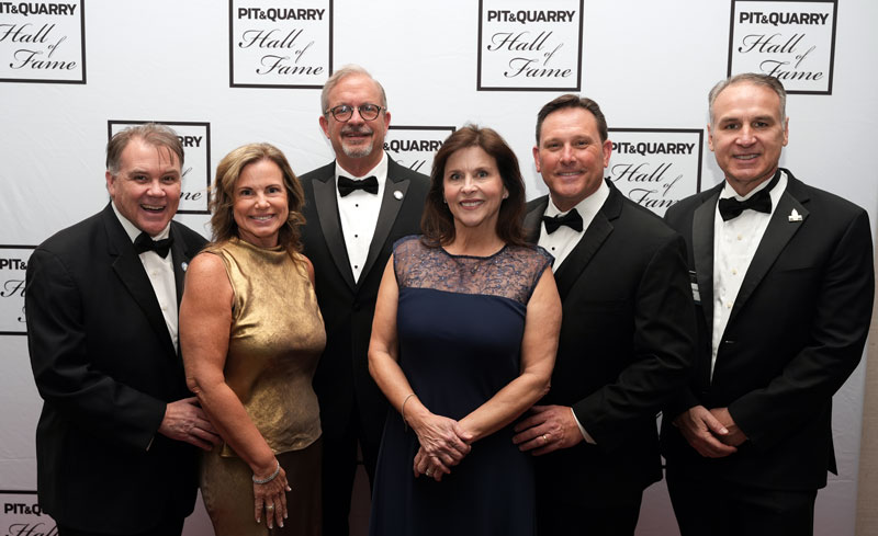 From left: TerraSource Global’s Kevin Hambrice and Stormy Hambrice pose with DSC Dredge’s Charlie Johnson, PJ Wetta, Bill Wetta and Damon Gonzales. DSC Dredge was a silver sponsor. Photo: Pit & Quarry