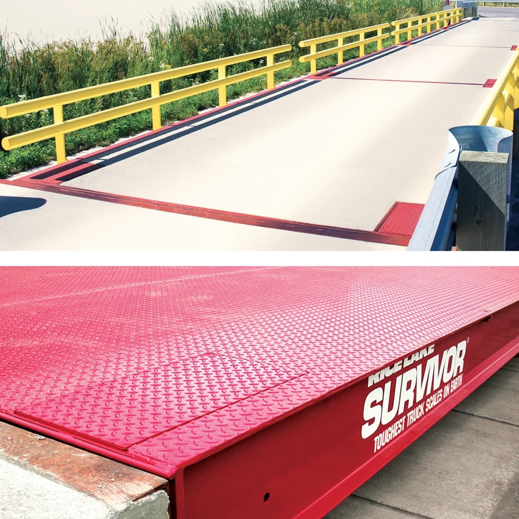 A weighbridge is a large steel (bottom) or concrete deck (top) that trucks drive over. (Photo: Rice Lake Weighing Systems)