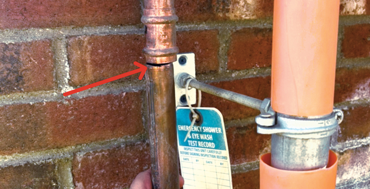 Some eye wash stations have metal piping that’s directly exposed to the hot sun, creating potentially scalding water within them. Photo: Steve Fuller