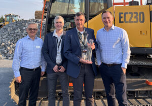 Volvo Construction Equipment leaders recently presented Wood’s CRW with its top two dealer awards. Pictured here (from left) are Volvo CE’s Agako Nouch, Wood’s CRW’s Andre Parent and Chris Palmer, and Volvo CE’s Scott Young. Photo: Volvo CE