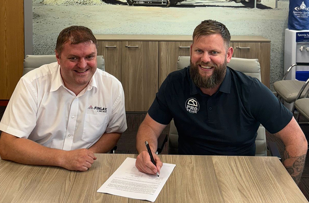 Mike Maher of ProTrack (right) joins Matt Dickson of Finlay to celebrate the companies' new partnership. Photo: Finlay