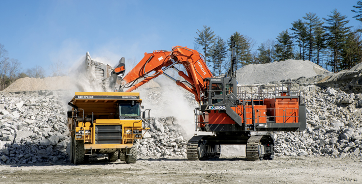 LBM Industries recently invested in a Hitachi EX1200-7B shovel that has a rated power of 760 hp and a shovel operating weight of 264,600 pounds. Photo: Hills Machinery