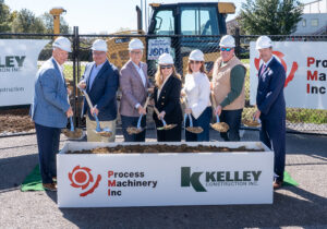 PMI hosted a groundbreaking event for its facility expansion in Shelbyville, Kentucky. Pictured from left are Pat Hargadon, chair of the Shelby County Industrial & Development Foundation; Troy Ethington, mayor of Shelbyville; Dan Ison, a Shelby County judge and executive; Tiffany Kelley Jenkins, president of Kelley Construction’s GCCM Division; Jennifer Miles Ratterman, executive vice president and co-owner of PMI; Daniel Miles, president and co-owner of PMI; and Rocky Adkins, senior advisor to Gov. Andy Beshear (D-Kentucky). Photo: PMI