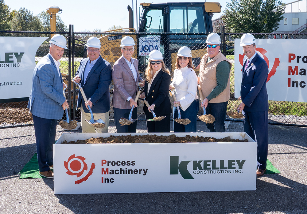 PMI hosted a groundbreaking event for its facility expansion in Shelbyville, Kentucky. Pictured from left are Pat Hargadon, chair of the Shelby County Industrial & Development Foundation; Troy Ethington, mayor of Shelbyville; Dan Ison, a Shelby County judge and executive; Tiffany Kelley Jenkins, president of Kelley Construction’s GCCM Division; Jennifer Miles Ratterman, executive vice president and co-owner of PMI; Daniel Miles, president and co-owner of PMI; and Rocky Adkins, senior advisor to Gov. Andy Beshear (D-Kentucky). Photo: PMI