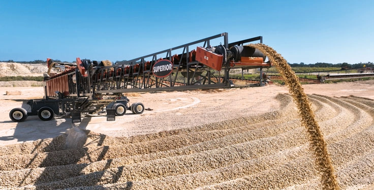 A variable drop height on stacking conveyors helps reduce dust by keeping the fall zone tight. (Photo: Superior)