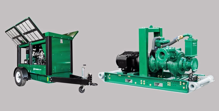 Diesel pump units (left) offer flexibility where site power is limited, while electric-driven packages (right) provide cleaner operation and variable-speed efficiency when power is available. (Photo: Franklin Electric Co.)