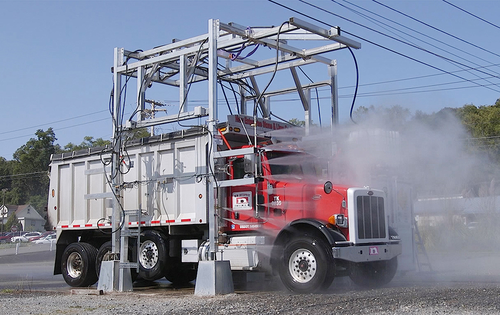 The VTW 360 truck wash from Shumaker Industries includes a pull-through frame and driver-over capability. (Photo: Shumaker Industries)