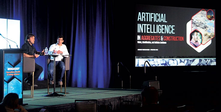 Provix’s Steve Widomski (left) discussed AI in aggregates alongside Polydeck’s Alex Caruana during the Ontario Stone, Sand & Gravel Association’s 2026 Operations, Health & Safety Seminar in Toronto. (Photo: OSSGA)