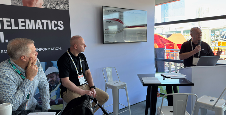 Terex hosted a press conference Wednesday at ConExpo-Con/Agg to outline the latest offerings from the company and share what equipment they were highlighting at the show. Kieran Hegarty, Terex president (far right), led the presentation. The company had 20 new products on display. (Photo: P&Q Staff)