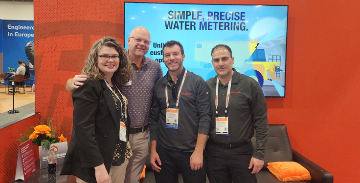 P&Q's Kevin Yanik (second from right) and Dino Vitanza (far right) caught up with Philippi-Hagenbuch's Josh Swank (second from left) and Ironclad Marketing's Janess Sveet in the West Hall. (Photo: P&Q Staff)