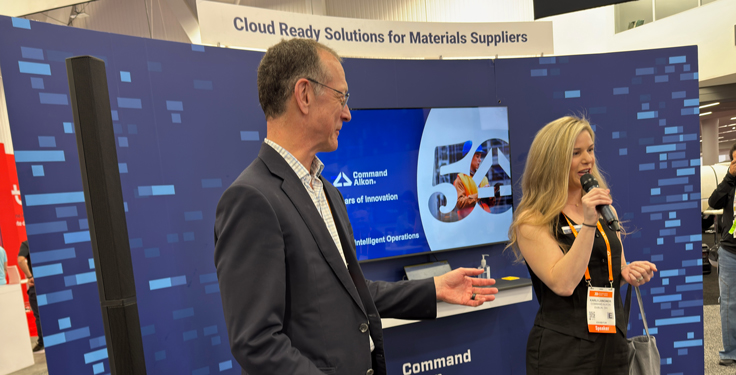 Command Alkon hosted a press event during the second day of ConExpo-Con/Agg 2026, Wednesday. The company highlighted its latest technology offerings with company CEO Martin Willoughby, left, and public relations manager Karli Langner addressing the media. (Photo: P&Q Staff)