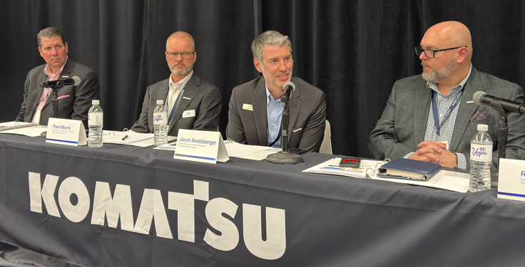 Komatsu North America hosted a press conference to outline its ConExpo-Con/Agg 2026 offerings. Speaking on behalf of the company were (from left): Tim Tripas, senior vice president of construction equipment and dealer engagement; Paul Moore, vice president of products, marketing and services; Jason Anetsberger, senior director of customer solutions; and Rod Bull, CEO of Komatsu North America. (Photo: P&Q Staff)