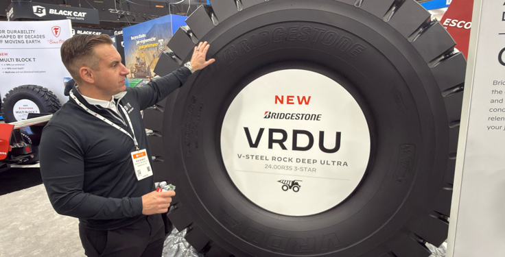 Bridgestone Americas highlighted two new tire offerings on day one of ConExpo-Con/Agg 2026. Rob Seibert, North American president of off the road at Bridgestone Americas (pictured) outlined the benefits of the VMTD and VRDU tires at the company's booth. (Photo: P&Q Staff)