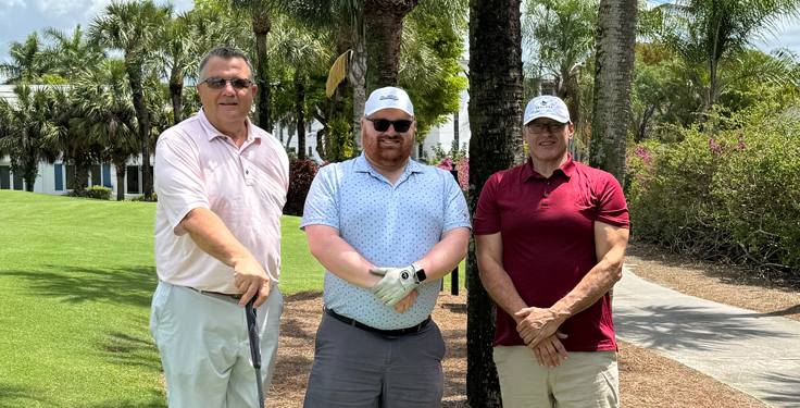 Enjoying a beautiful day on the course are (from left) Mike Saban of Vulcan Materials, Pit & Quarry Managing Editor Jack Kopanski and Dominic Nasso of Buffalo. (Photo: P&Q Staff)