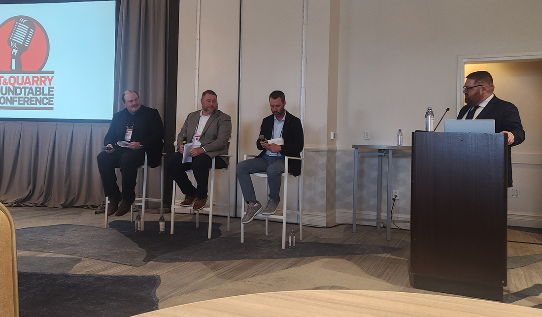 Three producers provided insights during a panel discussion titled "Beyond the Machine: AI, Automation and the Future of Operations." The panelists were (from left) Bryan Scepaniak of WD Scepaniak, Tim Theobald of Kraemer Mining & Materials and Thomas Haun of Turner Staffing Group. Jack Kopanski of Pit & Quarry served as moderator. (Photo: P&Q Staff)