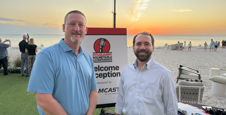 Mickey Suire (left) and Chase LaPlace of Southern Stone Co. were among attendees at the welcome reception of this year's Pit & Quarry Roundtable & Conference. (Photo: P&Q Staff)