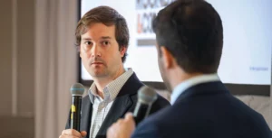 NSSGA’s Evan Bender (left) sat down with Pit & Quarry’s Kevin Yanik on April 1 for a Q&A at the Pit & Quarry Roundtable & Conference. (Photo: PamElla Lee Photography)